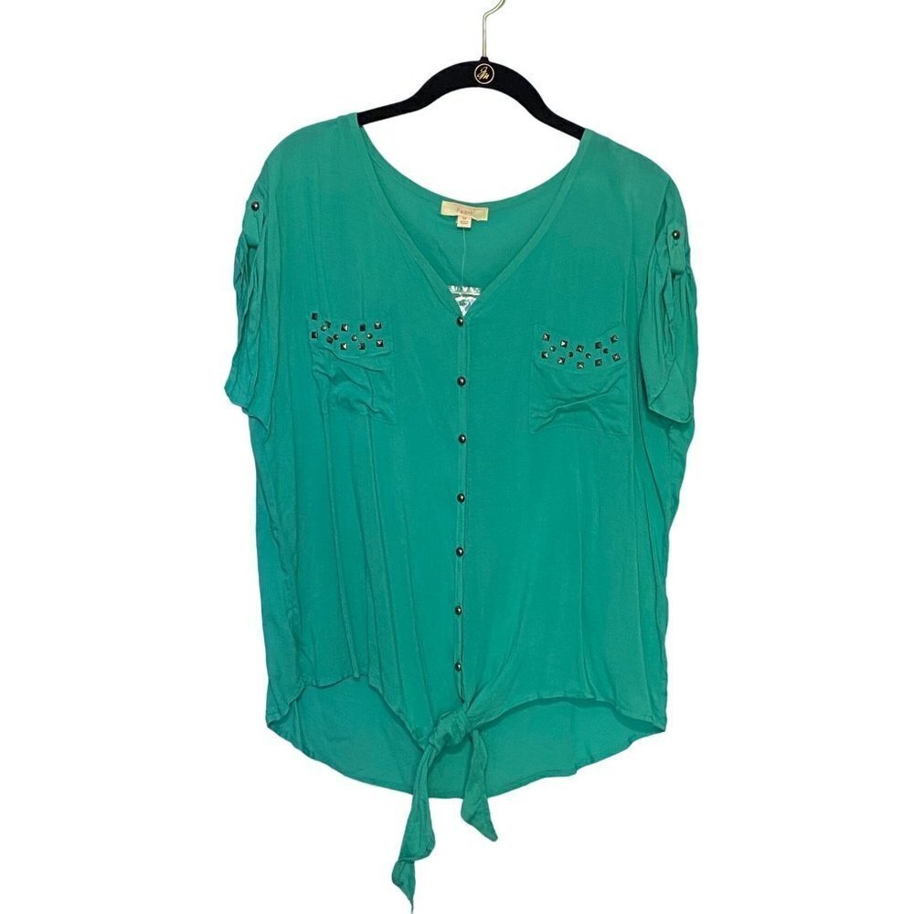 New Pearl Green Button Down Blouse with Pockets and Waist Tie Size Medium